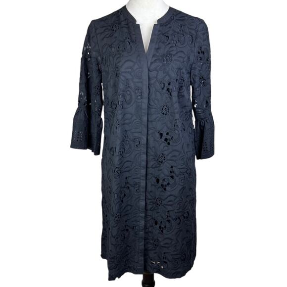 Chicos NWT Black Flounce 3/4 Sleeve Lined Button Up Floral Eyelet Dress Pockets - Picture 1 of 14